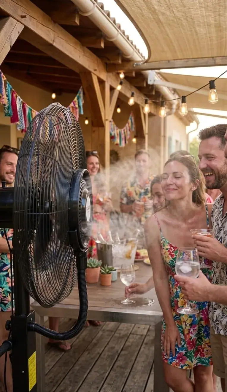 Društvo prijatelja uživa na terasi dok ih ventilator s maglicom rashlađuje uz svjetlosne lančiće