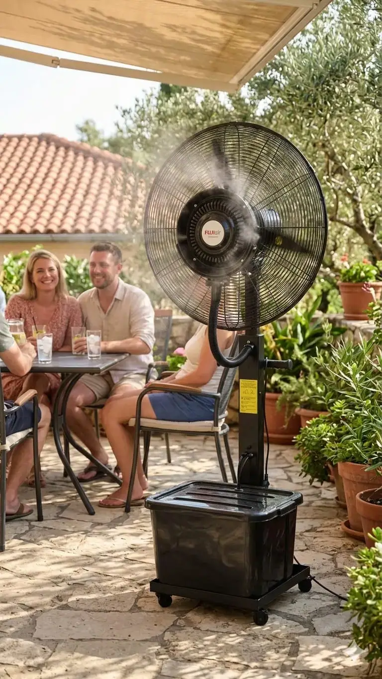 Gosti na mediteranskoj terasi među maslinama uživaju u hladu ventilatora s maglicom